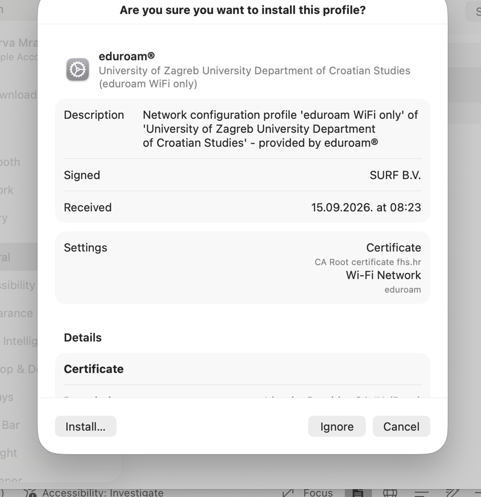 macOS – instalacija eduroam profila
